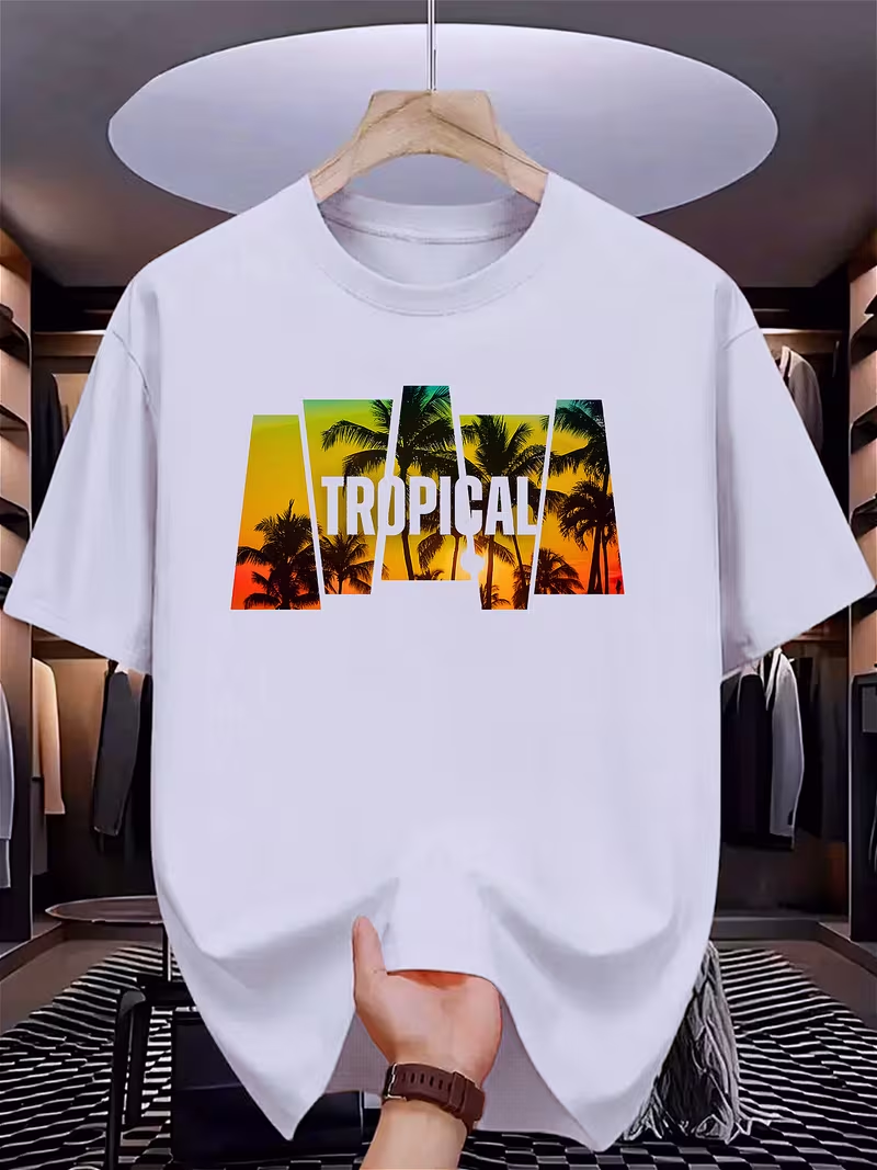 Men’s Tropical Palm Tree Graphic T-Shirt – Summer Casual Crew Neck Tee | Plus Size
