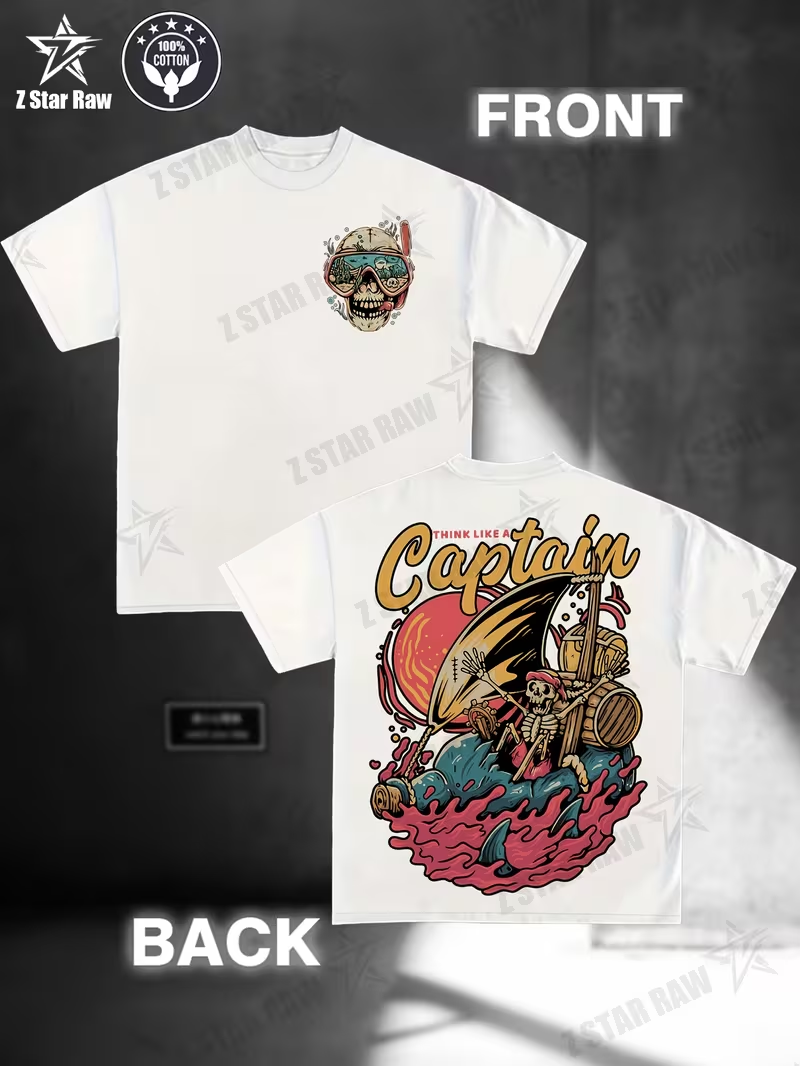 Men’s “Think Like a Captain” Skull Graphic T-Shirt – Casual Summer Cotton Tee | Plus Size